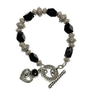 Brighton Toggle Bracelet Silver Plated Black Faceted Glass Bead Heart Love 7.5"
